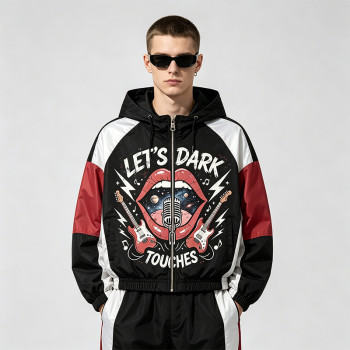 Color Block Patchwork DTG Screen Print Hooded Jacket | Punk Rock Guitar Lip Graphic Sonic-Wear | Custom Streetwear