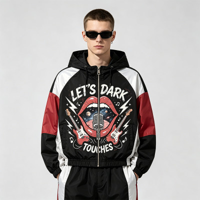 Color Block Patchwork DTG Screen Print Hooded Jacket | Punk Rock Guitar Lip Graphic Sonic-Wear | Custom Streetwear
