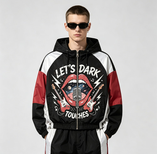 Color Block Patchwork DTG Screen Print Hooded Jacket | Punk Rock Guitar Lip Graphic Sonic-Wear | Custom Streetwear