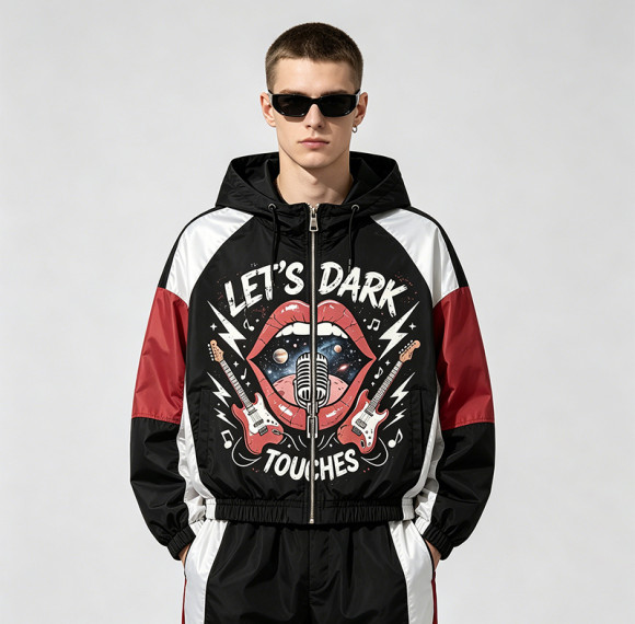 Color Block Patchwork DTG Screen Print Hooded Jacket | Punk Rock Guitar Lip Graphic Sonic-Wear | Custom Streetwear