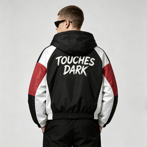 Color Block Patchwork DTG Screen Print Hooded Jacket | Punk Rock Guitar Lip Graphic Sonic-Wear | Custom Streetwear