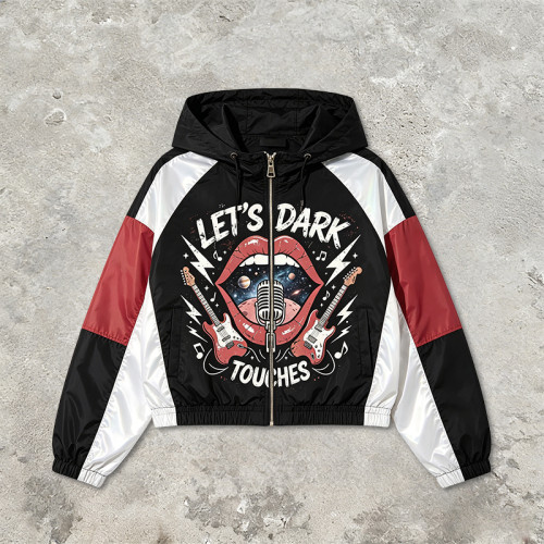 Color Block Patchwork DTG Screen Print Hooded Jacket | Punk Rock Guitar Lip Graphic Sonic-Wear | Custom Streetwear