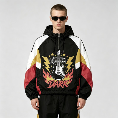 Screen Print Patchwork Sonic-Wear Jacket | Color Block Hooded Guitar Graphic Jacket | Custom Streetwear