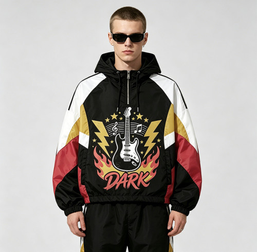 Screen Print Patchwork Sonic-Wear Jacket | Color Block Hooded Guitar Graphic Jacket | Custom Streetwear