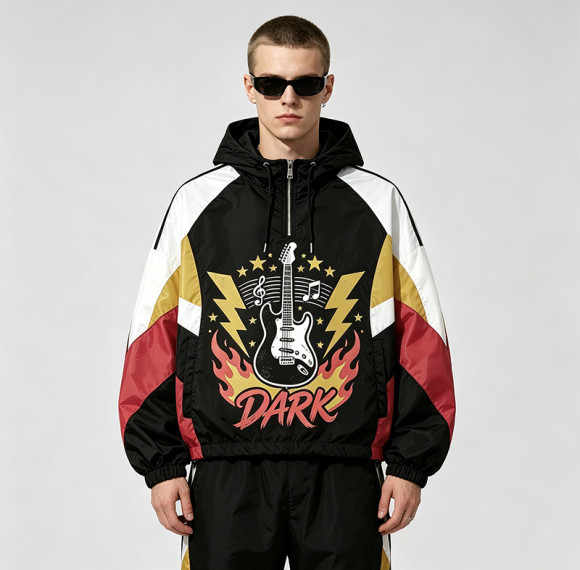 Screen Print Patchwork Sonic-Wear Jacket | Color Block Hooded Guitar Graphic Jacket | Custom Streetwear
