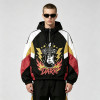 Screen Print Patchwork Sonic-Wear Jacket | Color Block Hooded Guitar Graphic Jacket | Custom Streetwear