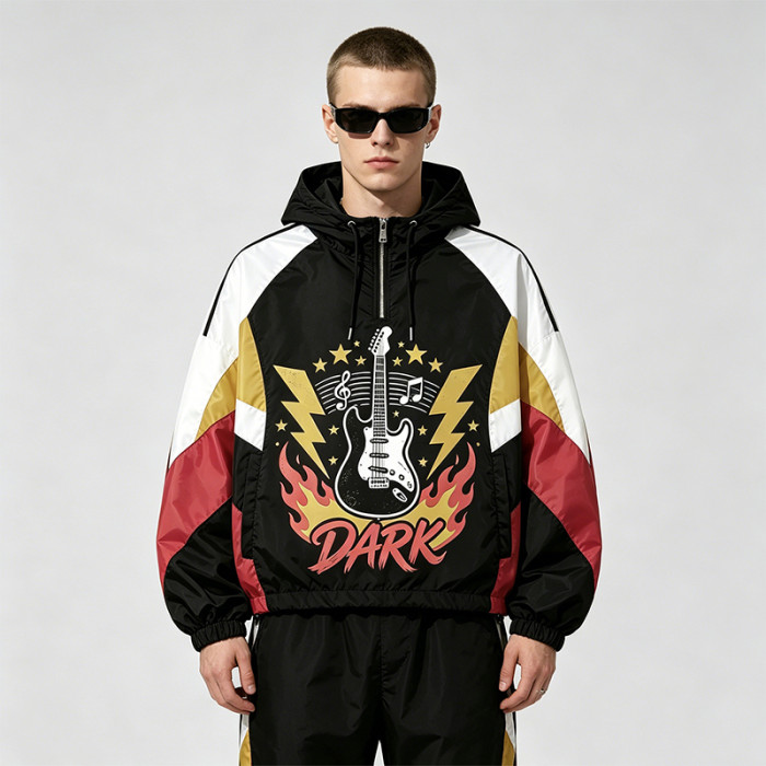 Screen Print Patchwork Sonic-Wear Jacket | Color Block Hooded Guitar Graphic Jacket | Custom Streetwear
