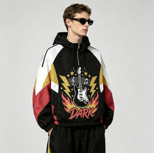 Screen Print Patchwork Sonic-Wear Jacket | Color Block Hooded Guitar Graphic Jacket | Custom Streetwear