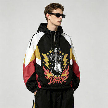 Screen Print Patchwork Sonic-Wear Jacket | Color Block Hooded Guitar Graphic Jacket | Custom Streetwear