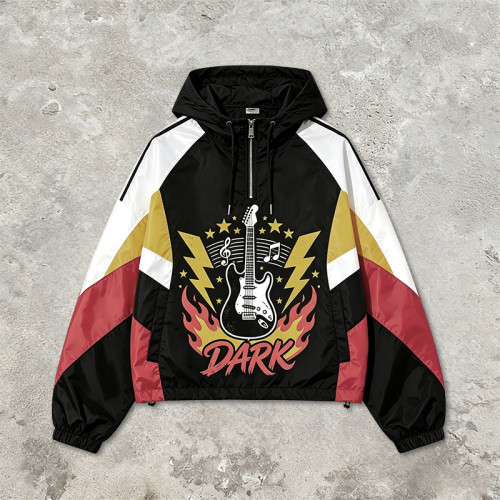 Screen Print Patchwork Sonic-Wear Jacket | Color Block Hooded Guitar Graphic Jacket | Custom Streetwear
