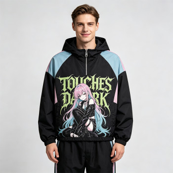Patchwork DTG Screen Print Anime Hooded Jacket | Color Block Graphic Jacket | Custom Streetwear