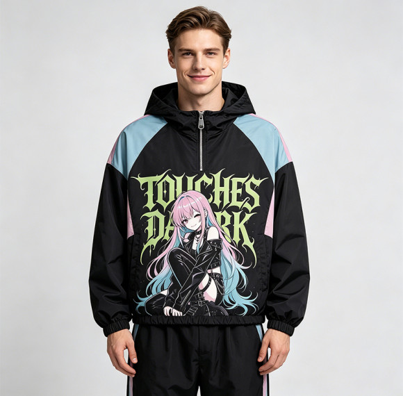 Patchwork DTG Screen Print Anime Hooded Jacket | Color Block Graphic Jacket | Custom Streetwear
