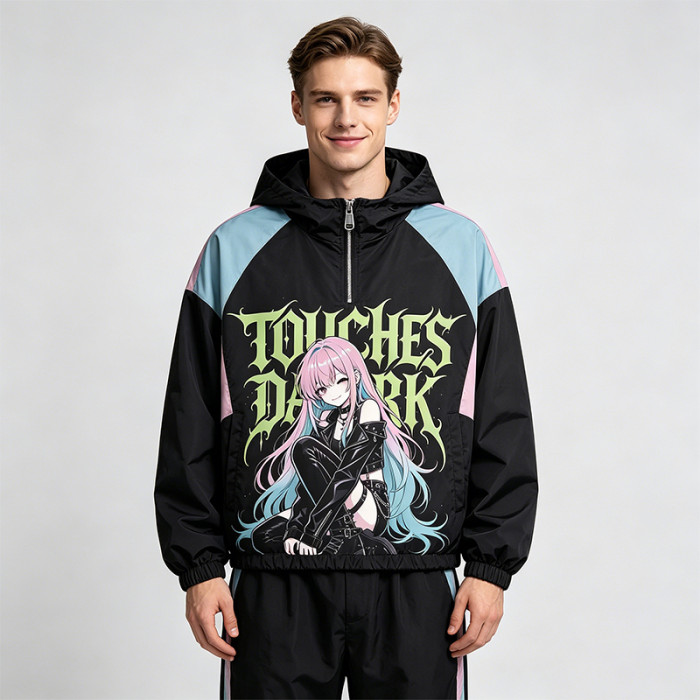 Patchwork DTG Screen Print Anime Hooded Jacket | Color Block Graphic Jacket | Custom Streetwear