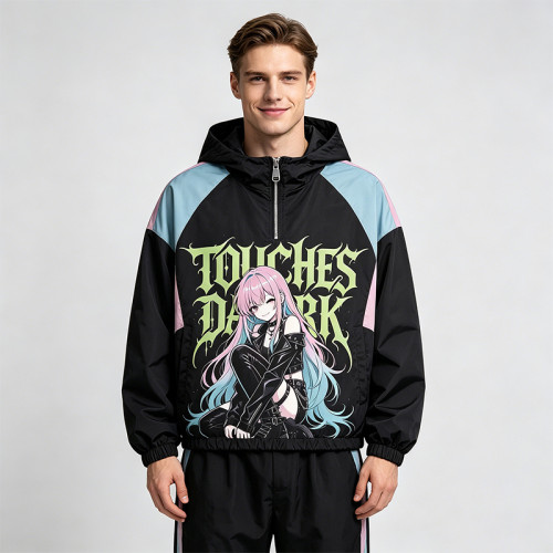 Patchwork DTG Screen Print Anime Hooded Jacket | Color Block Graphic Jacket | Custom Streetwear