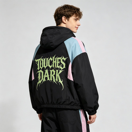 Patchwork DTG Screen Print Anime Hooded Jacket | Color Block Graphic Jacket | Custom Streetwear