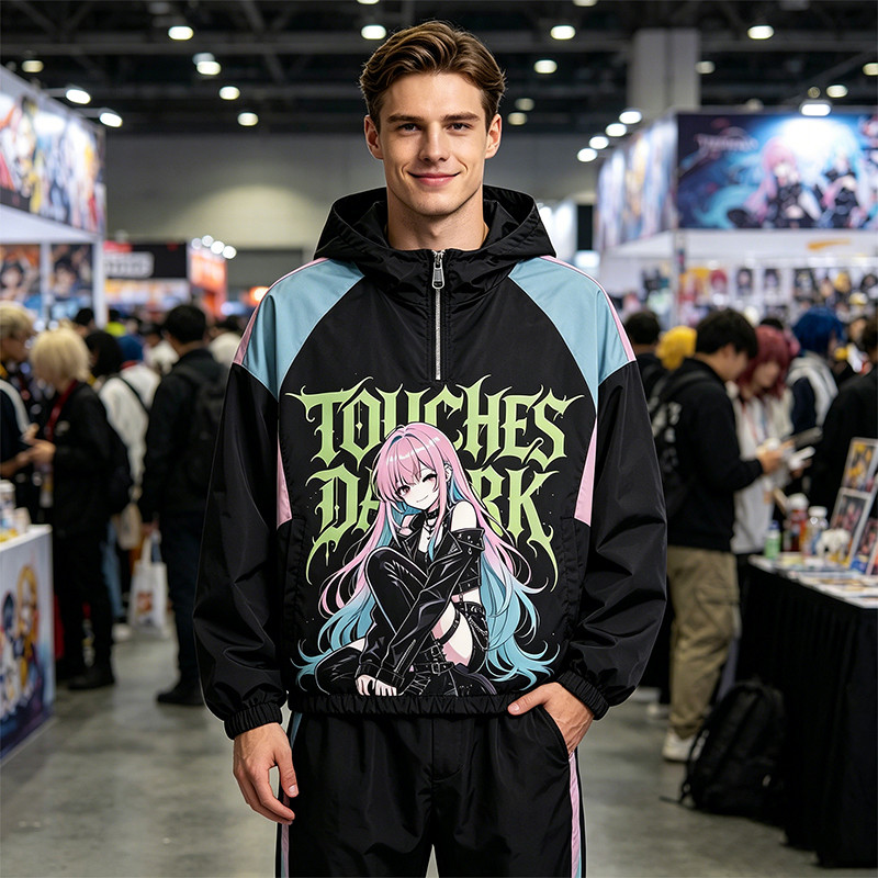 Patchwork DTG Screen Print Anime Hooded Jacket
