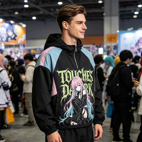 Patchwork DTG Screen Print Anime Hooded Jacket | Color Block Graphic Jacket | Custom Streetwear