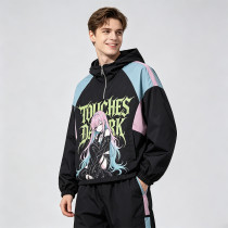Patchwork DTG Screen Print Anime Hooded Jacket | Color Block Graphic Jacket | Custom Streetwear