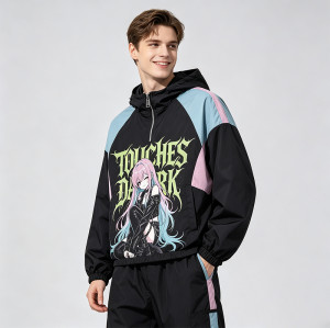 Patchwork DTG Screen Print Anime Hooded Jacket | Color Block Graphic Jacket | Custom Streetwear
