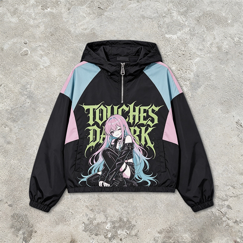 Patchwork DTG Screen Print Anime Hooded Jacket