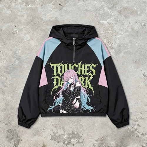 Patchwork DTG Screen Print Anime Hooded Jacket | Color Block Graphic Jacket | Custom Streetwear