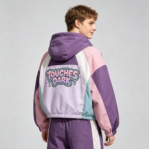 Anime DTG Screen Print Color Block Patchwork Jacket | Crop Hooded Jacket | Streetwear Manufacturer