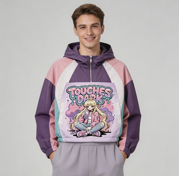 Anime DTG Screen Print Color Block Patchwork Jacket | Crop Hooded Jacket | Streetwear Manufacturer