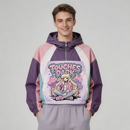 Anime DTG Screen Print Color Block Patchwork Jacket | Crop Hooded Jacket | Streetwear Manufacturer
