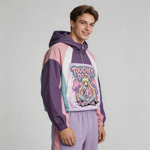 Anime DTG Screen Print Color Block Patchwork Jacket | Crop Hooded Jacket | Streetwear Manufacturer