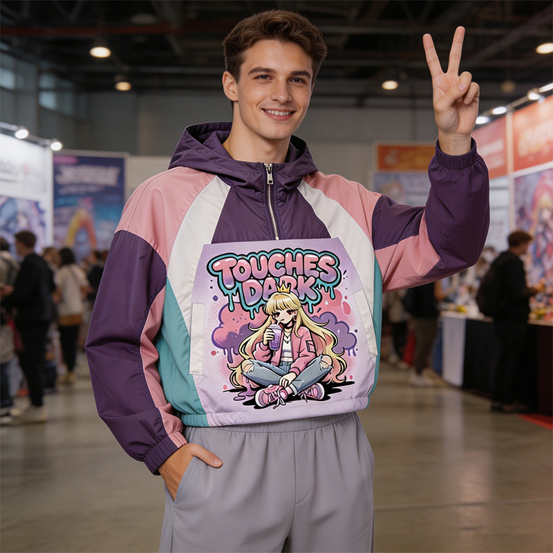 Anime DTG Screen Print Color Block Patchwork Jacket