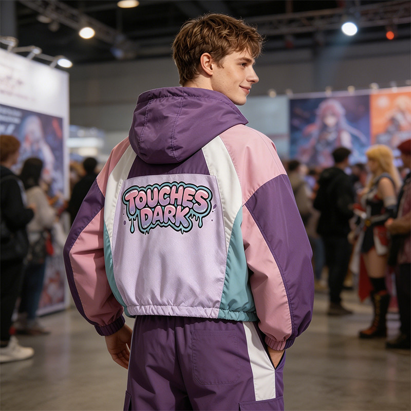 Anime DTG Screen Print Color Block Patchwork Jacket