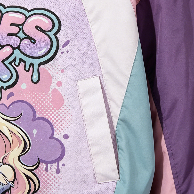 Anime DTG Screen Print Color Block Patchwork Jacketket