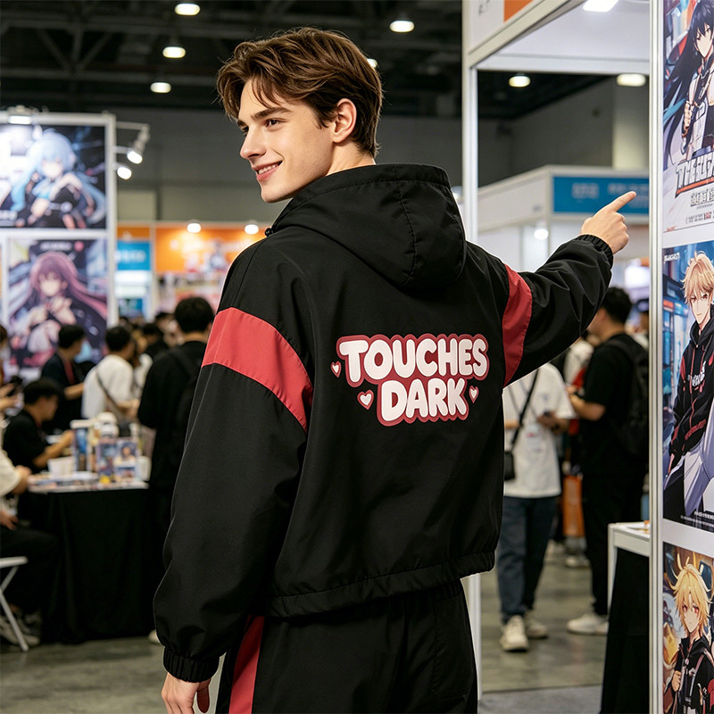 Patchwork Color Block Screen Print Anime Hooded Crop Jacket 