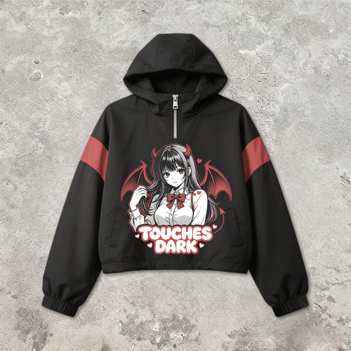 Patchwork Color Block Screen Print Anime Hooded Crop Jacket | Harajuku Devil Girl Graphic Jacket | Custom Streetwear