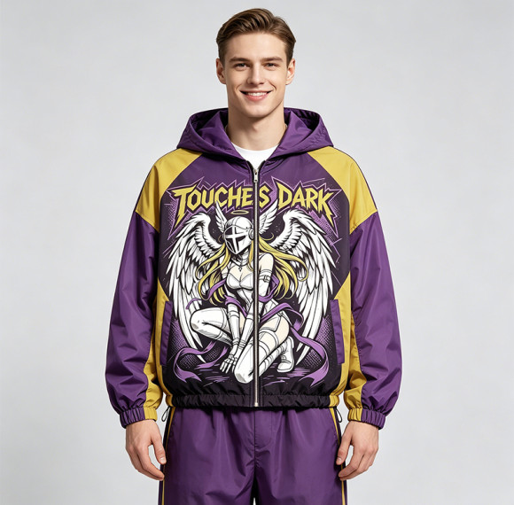 Patchwork Screen and DTG Print Anime Hooded Jacket | Color Block Streetwear | Custom Streetwear