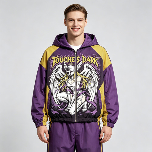 Patchwork Screen and DTG Print Anime Hooded Jacket | Color Block Streetwear | Custom Streetwear