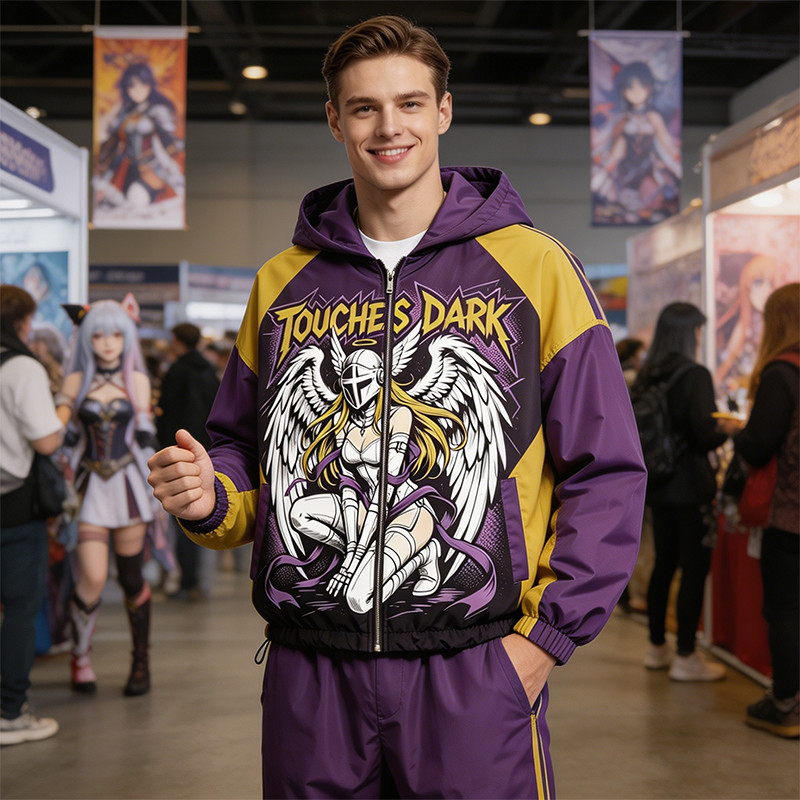 Patchwork Screen and DTG Print Anime Hooded Jacket