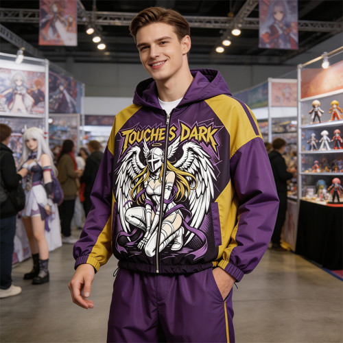 Patchwork Screen and DTG Print Anime Hooded Jacket | Color Block Streetwear | Custom Streetwear