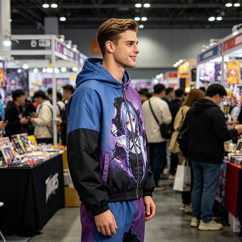 DTG Print Color Block Patchwork Spray Dye Anime Hooded Jacket | Oversized Anime Streetwear | Custom Streetwear