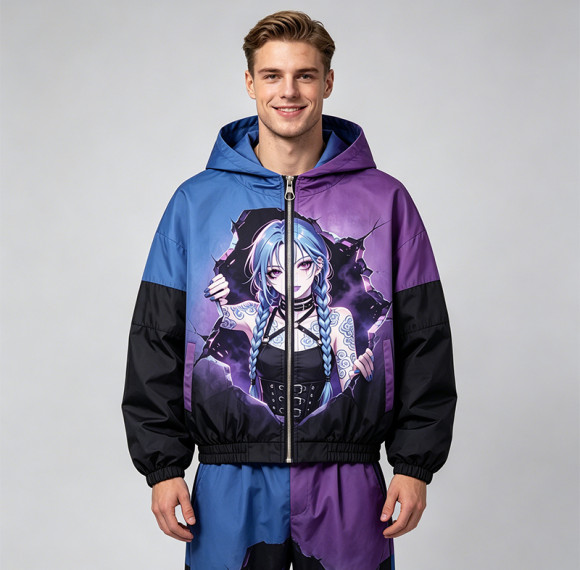 DTG Print Color Block Patchwork Spray Dye Anime Hooded Jacket | Oversized Anime Streetwear | Custom Streetwear