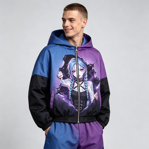 DTG Print Color Block Patchwork Spray Dye Anime Hooded Jacket | Oversized Anime Streetwear | Custom Streetwear