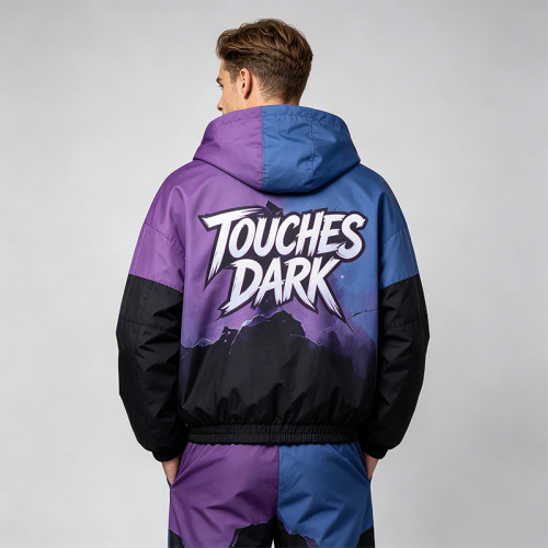 DTG Print Color Block Patchwork Spray Dye Anime Hooded Jacket | Oversized Anime Streetwear | Custom Streetwear