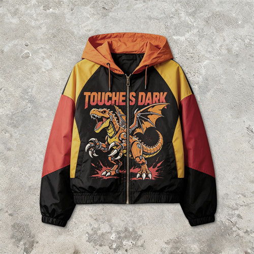 DTG Print Color Block Patchwork Hooded Jacket | Anime Dinosaur Graphic Windbreaker | Streetwear Manufacturer
