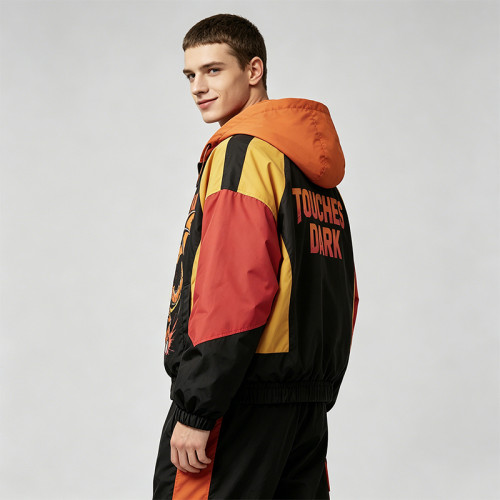 DTG Print Color Block Patchwork Hooded Jacket | Anime Dinosaur Graphic Windbreaker | Streetwear Manufacturer