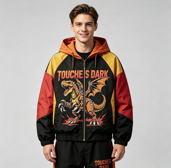 DTG Print Color Block Patchwork Hooded Jacket | Anime Dinosaur Graphic Windbreaker | Streetwear Manufacturer