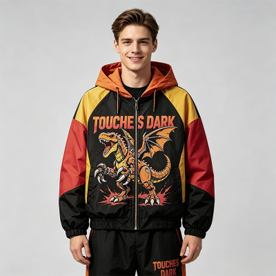 DTG Print Color Block Patchwork Hooded Jacket | Anime Dinosaur Graphic Windbreaker | Streetwear Manufacturer