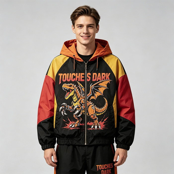 DTG Print Color Block Patchwork Hooded Jacket | Anime Dinosaur Graphic Windbreaker | Streetwear Manufacturer