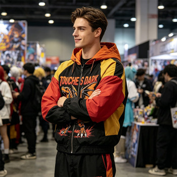 DTG Print Color Block Patchwork Hooded Jacket | Anime Dinosaur Graphic Windbreaker | Streetwear Manufacturer