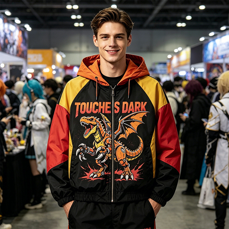 DTG Print Color Block Patchwork Hooded Jacket