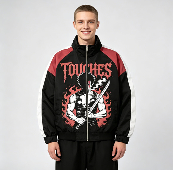 Patchwork Anime Graphic Screen Print Windbreaker | Color Block Streetwear Zip Up Jacket | Custom Streetwear